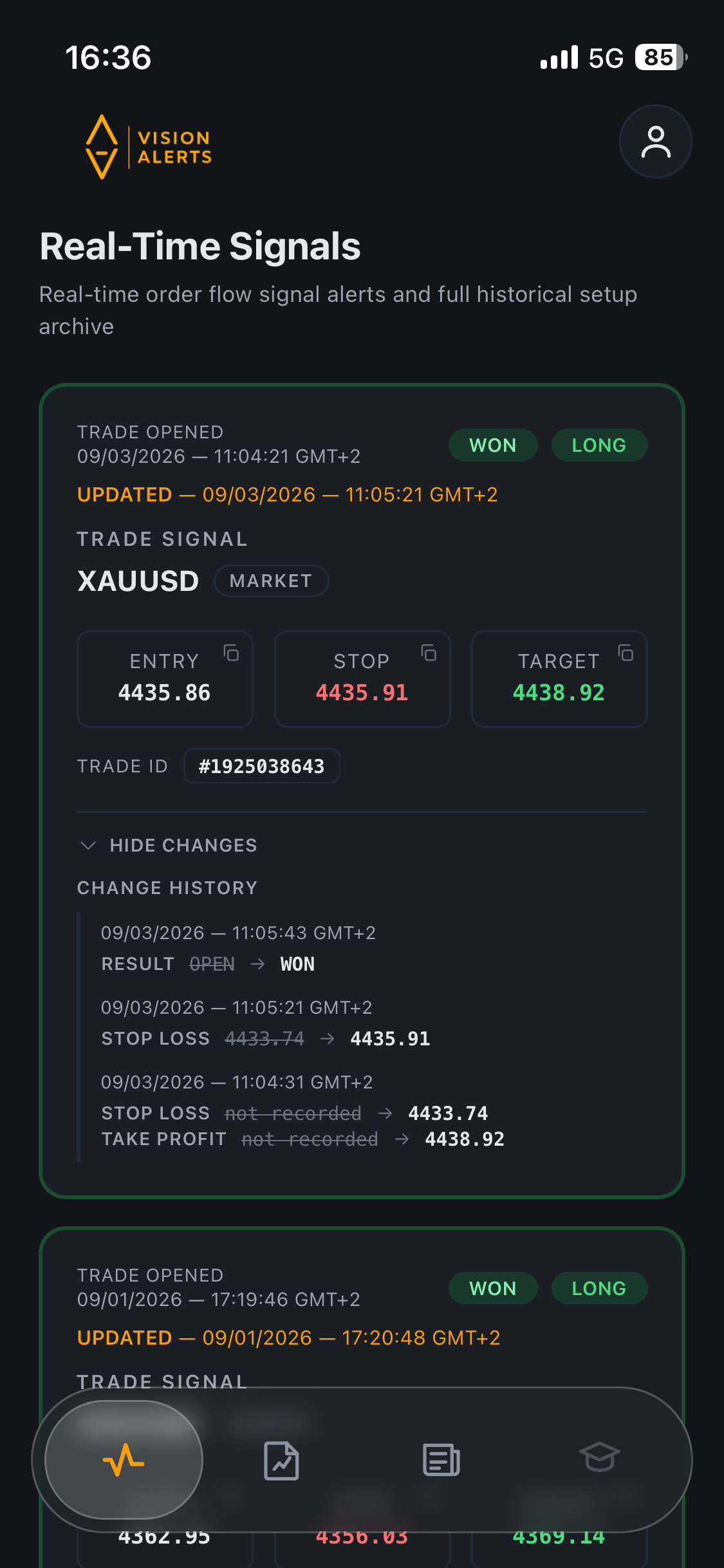 Vision Alerts app showing a gold signal with its change history